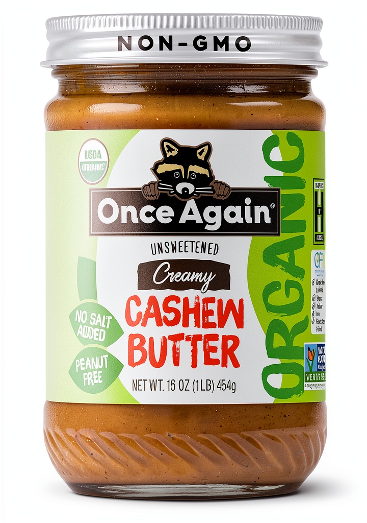 'Once Again Organic Cashew Butter jar on a kitchen counter'
